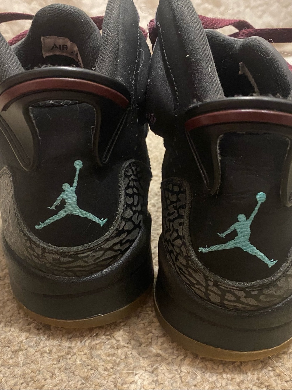 Jordan 2012’s Burgundy and Gray High-Top Sneakers with yellow and teal Accents. - Picture 2 of 11